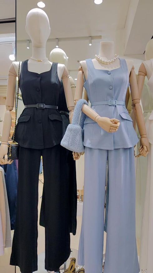Single Breasted Square Neck Tops And Trousers Sets With Belt